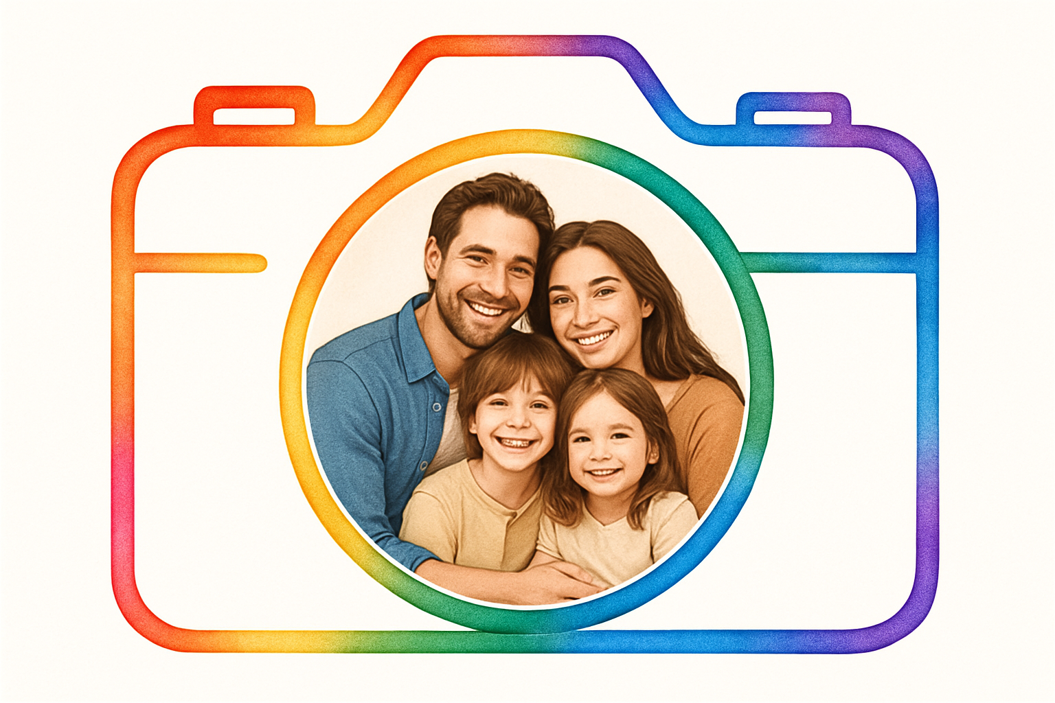 camera outline the color of the rainbow with the lens being the image of a family